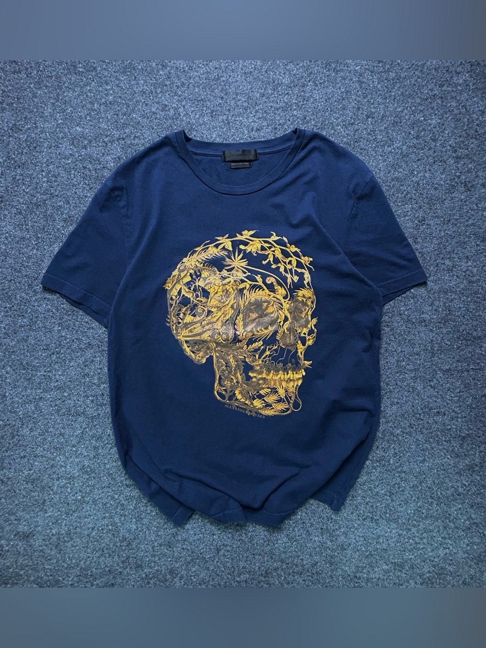 Alexander McQueen Navy Short-Sleeve Tee with Gold Skull Graphic